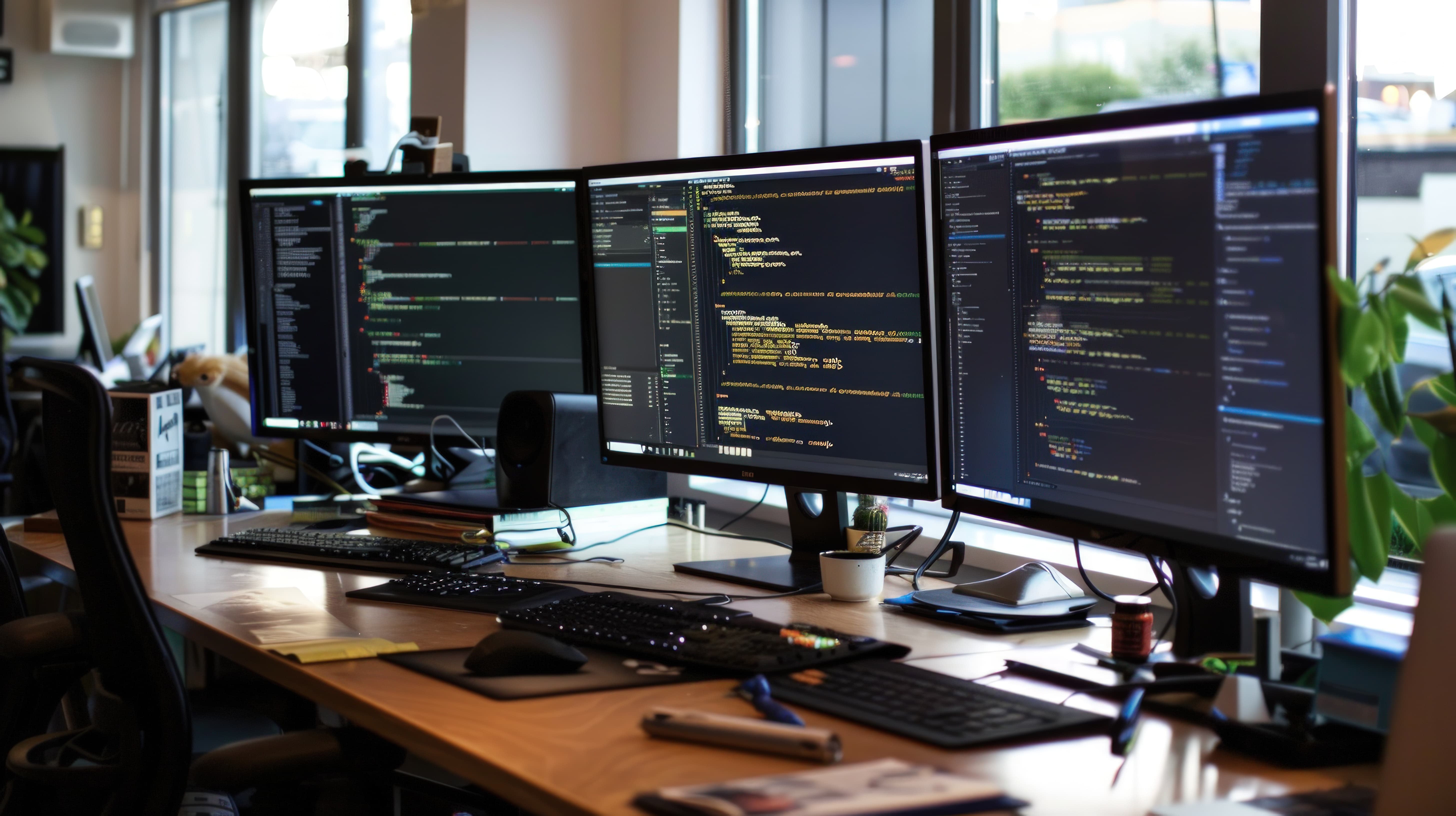 Developer workspace with multiple monitors showing code